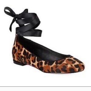 Lord & Taylor 424 Fifth Calf Leopard Print Ballerinas Lace Up Ballet Flats